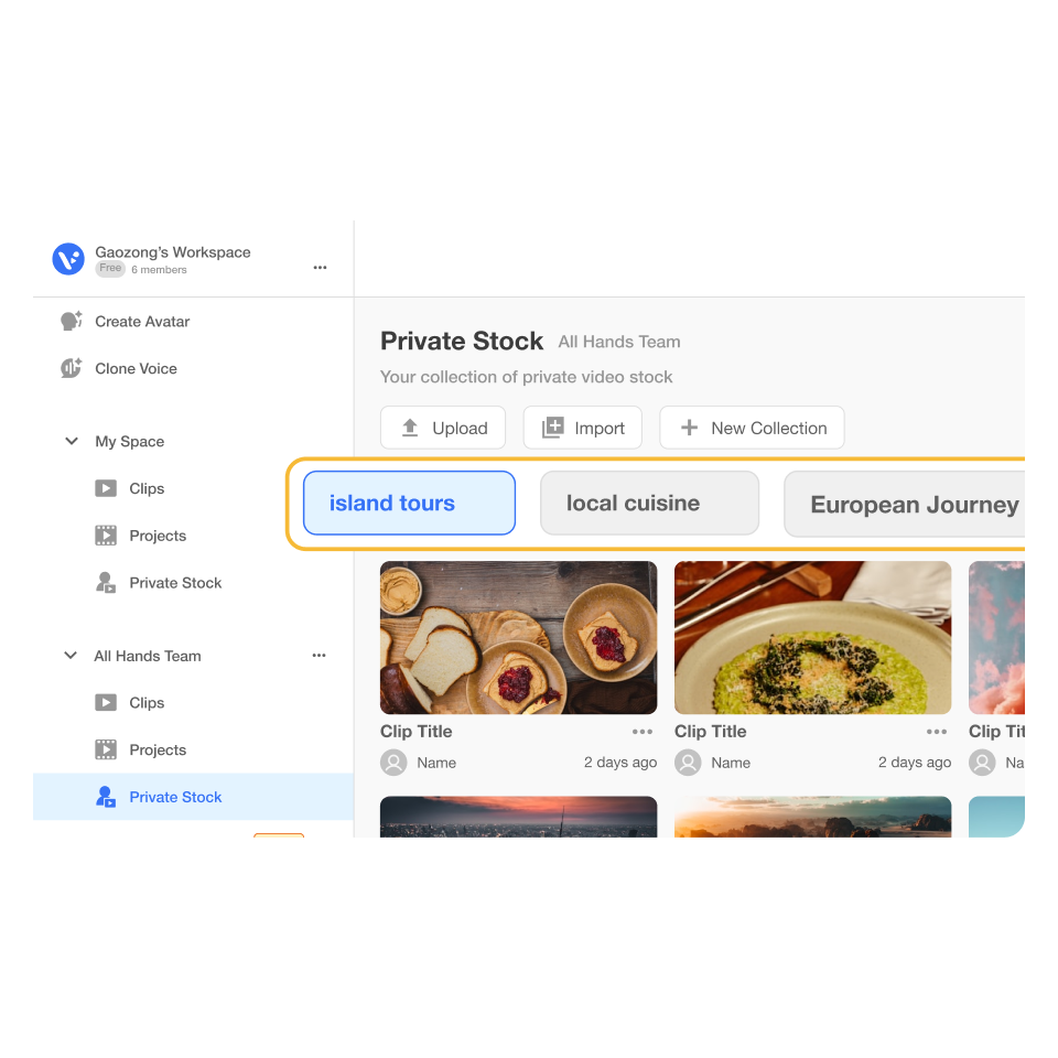 Step 3 — Organizing clips into Collections such as Island Tours and Local Cuisine in Visla Private Stock Collections for travel and tourism